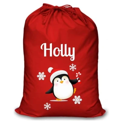 Image of Personalised Christmas Sack Santa Reindeer Red Custom Name Gift Bag for Kids &amp; Adults Festive Large Reusable Holiday Present (Penguin)