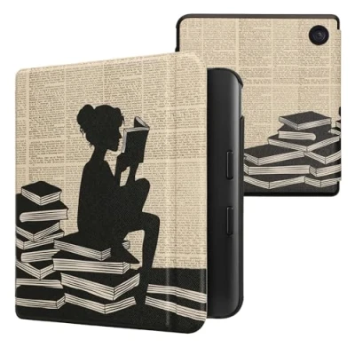 Image of kwmobile Case Compatible with Kobo Libra Colour eReader Cover Girl and Books Black/Beige