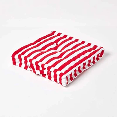 Image of HOMESCAPES Thick Stripe Red 100% Cotton Large Floor Cushion Deep Scarlet 50 x 10 cm Square Indoor Garden Dining Chair Booster Seat Pad Cushion.