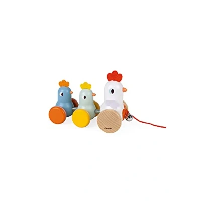 Image of Janod Wooden Pull Along Hen and Chicks Toy Early Learning Years Toys Silent Wheels Motor Skills Imagination Fsc Certified from 18 Months, J08259