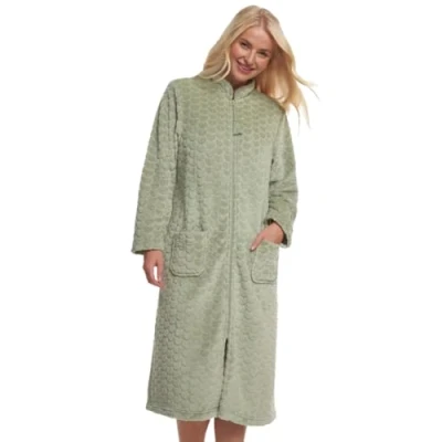 Image of Suzy &amp; Me Ladies Zip Front Soft Embossed Fleece Dressing Gown (UK, Numeric, 8, 10, Regular, SAGE)