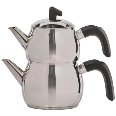 Image of Karaca Belinay Stainless Steel Tea Pot Set of 1 Litre Teapot with Lid and Sieve Drinker Kettle 1.6 litres 18/10 Medium, Silver Black