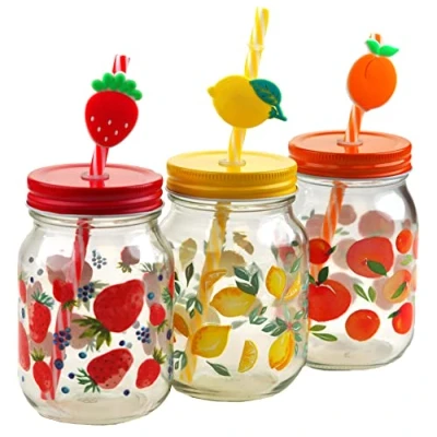 Image of BWG Glass Drinking Mason Jars w/Lid &amp; Straw Strawberry, Lemon, Orange (Set of 3)