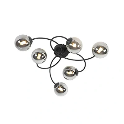 Image of Qazqa Modern Ceiling Lamp I Flush Light Black 6 Lights with Smoke Glass Athens Suitable for LED G9 Living Room Kitchen