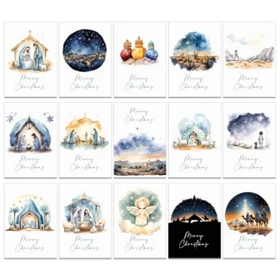 Image of 30 Religious Christmas Cards with 15 different designs and Kraft Brown Envelopes made from Recycled Paper