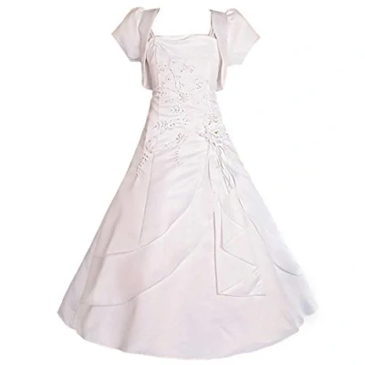 Image of Lito Angels Girls&#039; Beaded Satin White Dress with Bolero, Communion Wedding Party Flower Girl Bridesmaid Formal Occasion Ball Gown, Age 11 12 Years