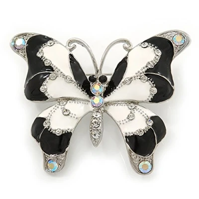 Image of Avalaya Black/White Enamel Crystal Butterfly Brooch in Rhodium Plating 50mm W