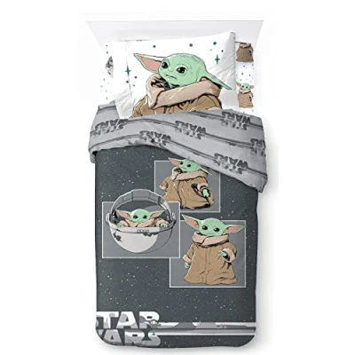 Image of Jay Franco Star Wars The Mandalorian Curious Child 100% Cotton 3 Piece Single Bedding Set Includes Duvet Cover, Fitted Sheet &amp; Pillowcase