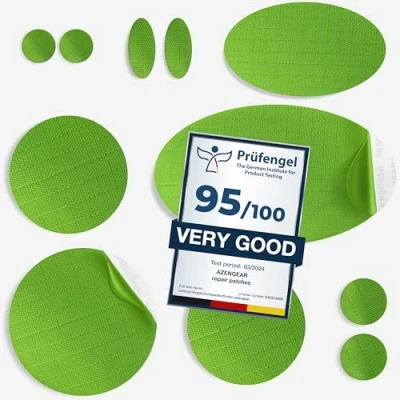 Image of aZengear Repair Patches for Down Jackets, Puffer Coats, Waterproof, Self Adhesive, Pre Cut, Tear Cold Heat Resistant Nylon Polyester Fabric, Fix Air Mattress, Inflatables, Tents (11 Pcs, Neon Green)