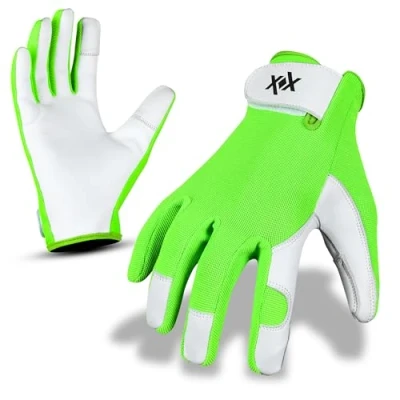 Image of WORKMAXX Ladies Leather Gardening Gloves Thorn Proof Rigger Garden work Gloves, Safety Working Premium Quality (PARROT GREEN, SMALL)