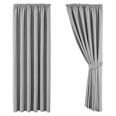 Image of Aspire Homeware Blackout Curtains 90x90 Pencil Pleat Light Grey for Bedroom Thermal Insulated Super Soft Tape Top Living Room Black Out Curtain with Tiebacks, Pair Panel