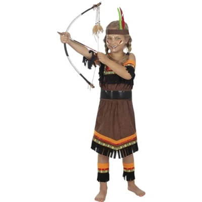 Image of Funidelia Deluxe Native American Costumes for girl Indian, Cowboys, Western Costume kids accessory fancy dress &amp; props Halloween, carnival parties Size 7 9 years Brown
