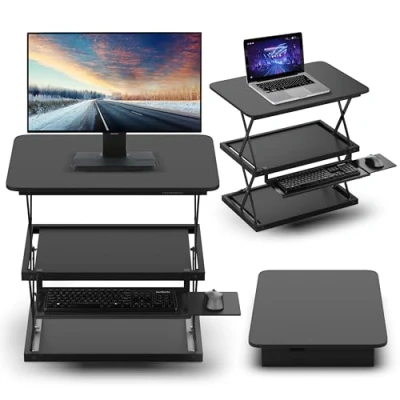 Image of CHANGEdesk Tall Ergonomic Standing Desk Converter for Laptops Single Monitors Adjustable Height Desktop Sit Stand up Riser with Keyboard Tray Affordable Compact Small Computer Workstation Black