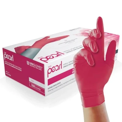 Image of Unigloves Red Pearl Nitrile Examination Gloves Multipurpose, Powder Free and Latex Disposable Box of 100 Gloves, Red, Medium (GP0063)