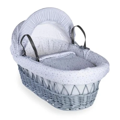 Image of Clair de Lune Stars and Stripes Grey Wicker Moses Basket inc. bedding, mattress &amp; adjustable hood (Grey)