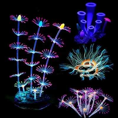 Image of Cayway 4 PCS Aquarium Fish Tank Silicone Decorations Plants with Simulation Coral, Artificial Horn Sea Anemone for Tank, Landscape