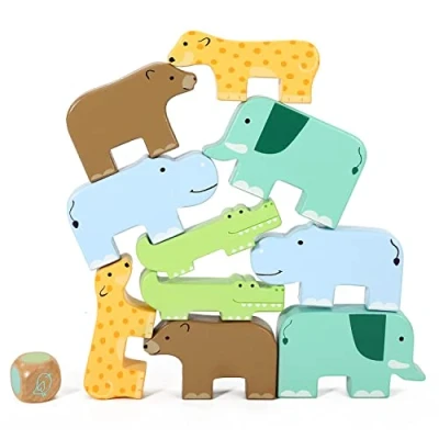 Image of SOKA Wooden Wild Animal Stacking Toy Balancing Building Farm Shaped Blocks Developmental Montessori Set for Kids Toddlers Children Boy Girl Ages 3 year old +