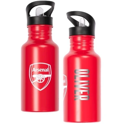 Image of Arsenal FC Personalised Metal Water Bottle 500ml Engraved Name School &amp; Training Gift for Boys Football Fans