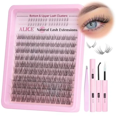 Image of ALICE Natural Lash Clusters Kit Wispy Eyelash Extension C Curl Cluster Extensions 10 16mm with Bottom Lashes Bond and Seal Tweezers DIY 152pcs