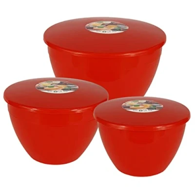 Image of Just Pudding Basins 3 Larger Bowl Sizes and Lids in 1 Set, 1x 1.5 pint (850ml), 2 (1.14lt), (1.71lt) Red