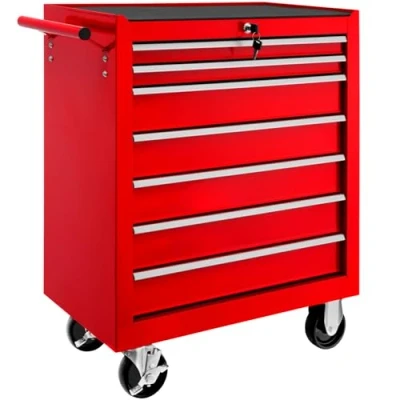 Image of TecTake® Tool Chest with 7 Drawers, Lock and Non Slip Mats. Made Powder Coated Steel, Ball Bearing Slides 4 Wheels Brakes. Durable Rolling Storage for Workshops. 150 kg Load Red