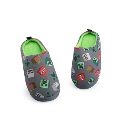 Image of Minecraft Boys Grey Slip On Loafer Slippers Character All Over Print Design Comfortable Gaming Theme Indoor Shoes for Kids Easy Apparel Gift Idea