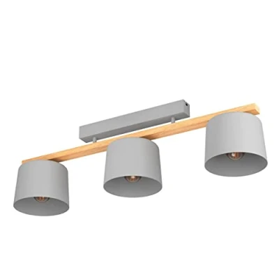 Image of Eglo Ceiling Light Fitting Mariel, 3 spot lamp, Scandinavian Style Fixture Made of Grey Steel and Wood, FSC100HB, semi Flush Living Room Lighting, E27 Socket