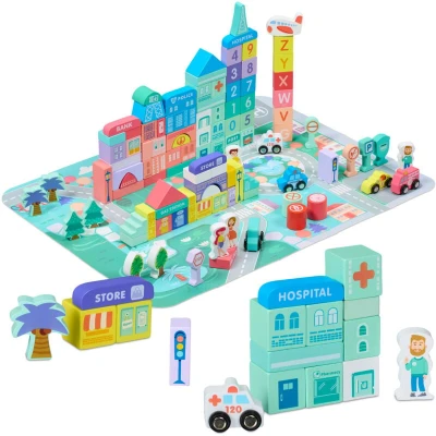 Image of Relaxdays Wooden City Blocks Set x108, Puzzle Mat, Buildings, Letters, Numbers, Suitable for Ages 3+, Colourful, Fibreboard, 55 x 42 cm