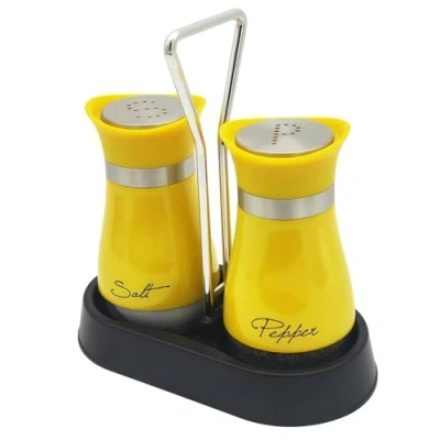 Image of Pack of 2 Salt and Pepper Pots with Holder Shaker Set Pot Kitchen Accessories (Yellow)