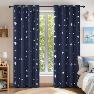 Image of Deconovo Star Curtains Foil Printed Thermal Insulated Eyelet Blackout Bedroom 46 x 90 Inch Navy Blue 1 Pair