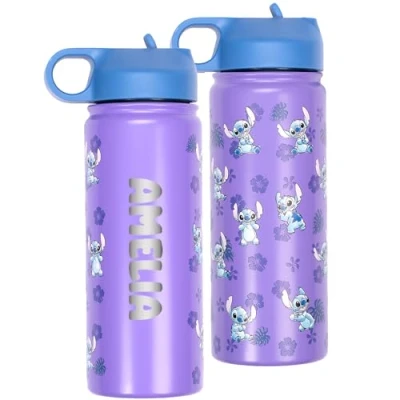 Image of Disney Stitch Stainless Steel Personalised Bottle with Straw for Girls Engraved Name 700ml School Water Gift Kids