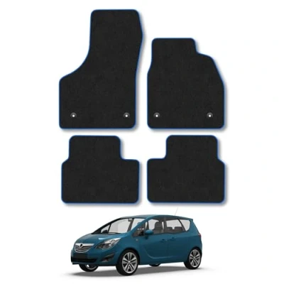 Image of Car Mats Compatible with Vauxhall Meriva B (2010 2017) Tailored Fit Blue Trimmed Carpet Floor Mat Set Accessory Black Custom Fitted 4 Pieces Clips Anti Slip Backing &amp; Trim Edging