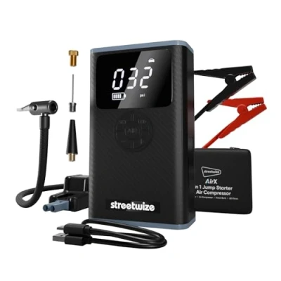 Image of Streetwize 4 In 1 Car Jump Starter, 800A Portable Starter Booster (Up to 5.0L Petrol/3.0L Diesel) with Built Air Compressor, LED Torch &amp; Power Bank Phone Charging, USB Ports