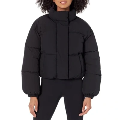 Image of Amazon Essentials Women&#039;s Cropped Full Zip Puffer Jacket (Quilted Matte or Sherpa Fleece), Black, S