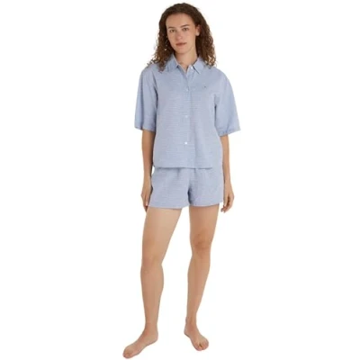 Image of Tommy Hilfiger Women&#039;s Short Sleeve Linnen Pj Set Uw0uw04519 Pyjamas, Blue (Horizon Stripes Blue), L
