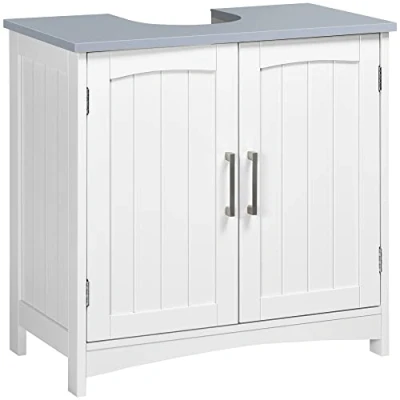 Image of kleankin Pedestal Under Sink Cabinet with Double Doors, Modern Bathroom Vanity Unit, Storage Cupboard Adjustable Shelves, White