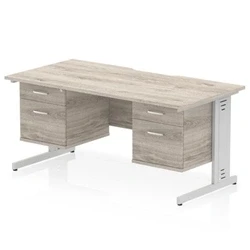 Image of Impulse 1600 x 800mm Scalloped Edge Office Desk Grey Oak Top Silver Cable Managed Leg Workstation 2 Drawer Fixed Pedestal