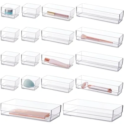 Image of STORi SimpleSort 18 Piece Stackable Clear Drawer Organizer Set Multi size Trays Makeup Vanity Storage Bins and Office Desk Dividers Made in USA