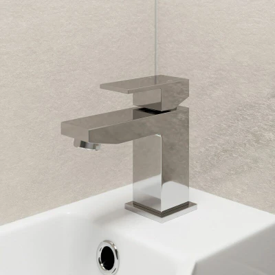 Image of Modern Bathroom Square Mini Mono Basin Sink Mixer Tap Brass Lever Handle Chrome