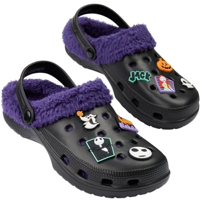 Image of Disney Stitch Clogs Womens Winter Fleece Lining &amp; Removable Charms Warm Slip On Garden Shoes with Strap (Black Jack Skellington, 6/7 UK)