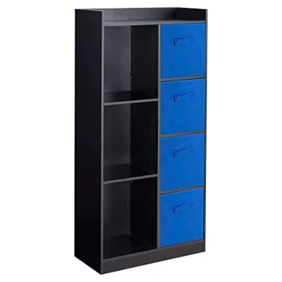 Image of URBNLIVING Tall Wooden 7 Cube Bookcase Shelving Display Storage Unit Cabinet Shelves New (Black Bookcase) (Dark Blue Drawer)