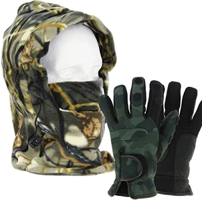 Image of Camo Snood Fleece &amp; Neoprene Gloves with Fold Down Fingers Carp Fishing Dog Walking Hiking (Medium)