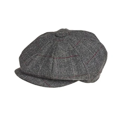 Image of Peaky Blinders &#039;Newsboy&#039; Style Flat Cap Tweed Wool Fabric Variations (Small ( 55 cm), Grey Overcheck)