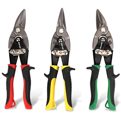 Image of HURRICANE 3 Pcs Aviation Tin Snips Set, Metal Cutter Shear for Cut Sheet Metal, Chrome Vanadium Steel, Straight Left and Right, Ergonomical Tyre Grip Handle with Safety Latch