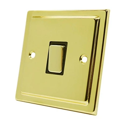 Image of Victorian Polished Brass Intermediate 1 Gang Switch Black Insert Metal Rocker 10 Amp Single Light