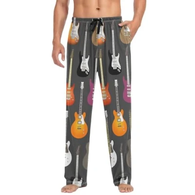 Image of Linomo Mens Pyjama Bottoms Musical Instruments Music Guitar Violin Pyjamas Loungewear 100% Cotton Trouser Nightwear PJs Pants for Men Boys