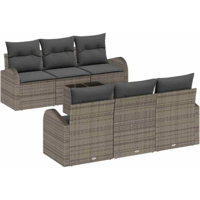Image of vidaXL 7 Piece Garden Sofa Set with Cushions Grey Poly Rattan