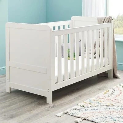 Image of Babymore Caro Cot Bed White Wash Baby With Teething Rail Without Mattress, Convertible to Toddler 3 Adjustable Mattress Base Positions Up 5 Years