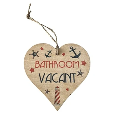 Image of Nautical Bathroom Engaged Vacant Double Sided Hanging Wooden Heart Shaped Door Sign Plaque