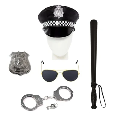 Image of Lizzy Adult&#039;s Police Fancy Dress Set Mens Policeman Hat, sunglasses, handcuffs, badge, Stick Theme Party outfit Accessory Cosplay Halloween